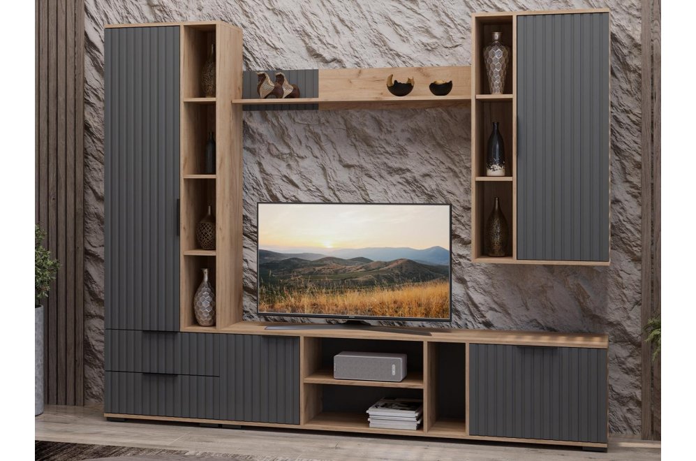 Модульная гостиная Хилтон дуб крафт золотой / графит матовый комплектация 1 Модульная гостиная Хилтон дуб крафт золотой / графит матовый комплектация 1