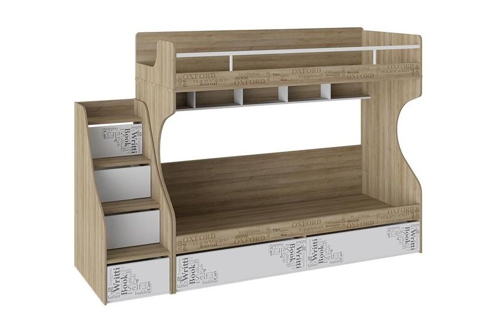 Двухъярусная кровать Оксфорд с приставной лестницей ривьера / белый с рисунком