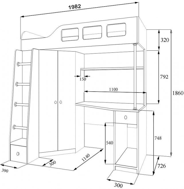 Кровать-чердак Астра 7 дуб молочный / дуб шамони