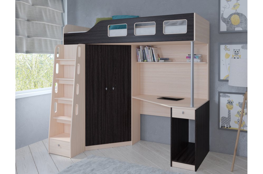 Кровать-чердак Астра 7 дуб молочный / венге