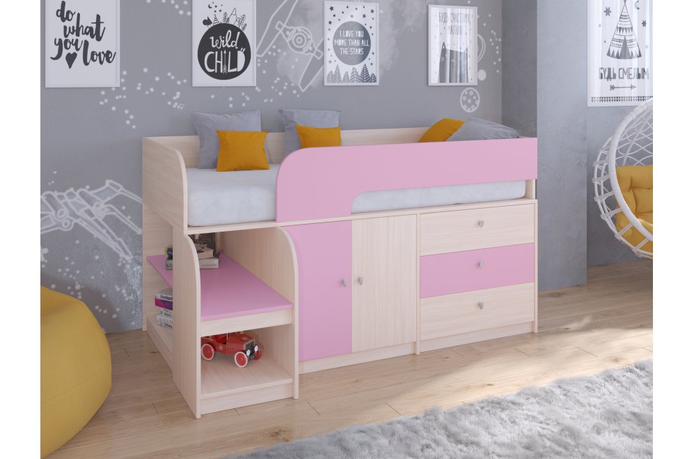 Кровать-чердак Астра 9/1 / дуб молочный / розовый