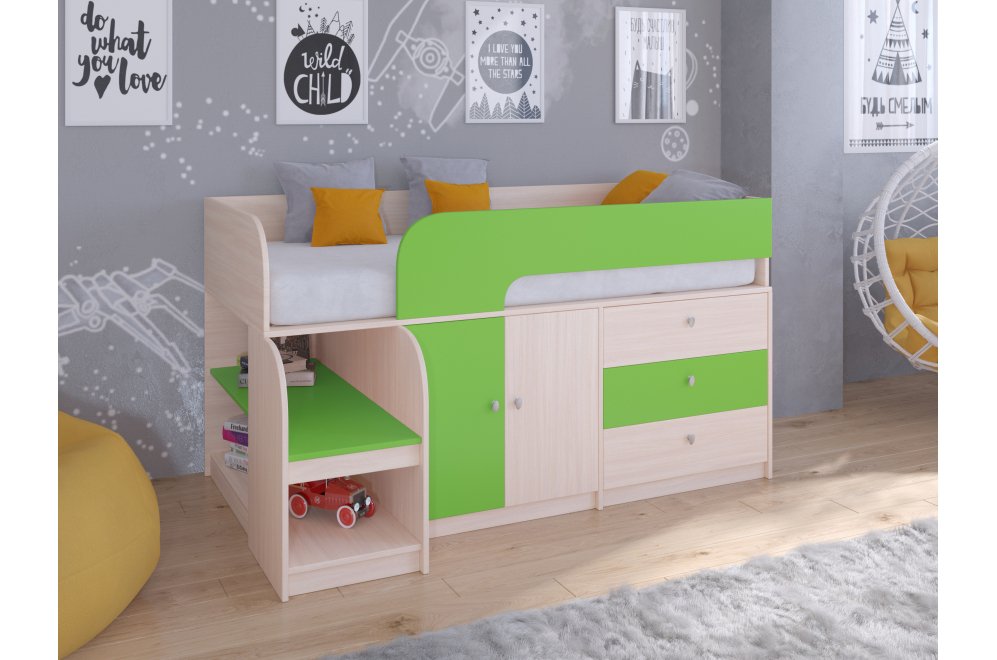 Кровать-чердак Астра 9/1 дуб молочный / салатовый