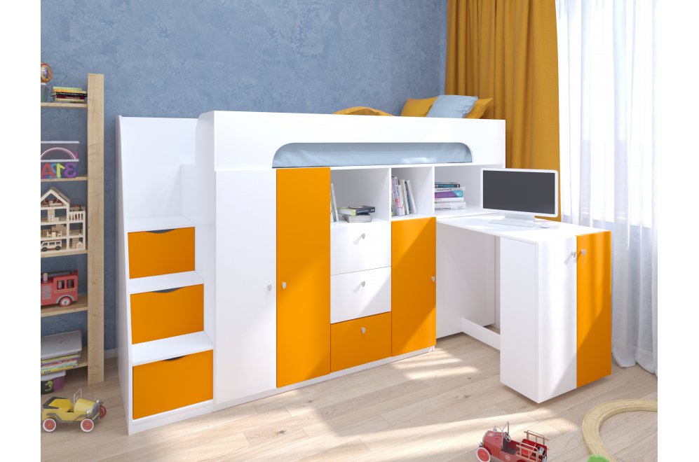Кровать-чердак Астра 11 белый / оранжевый