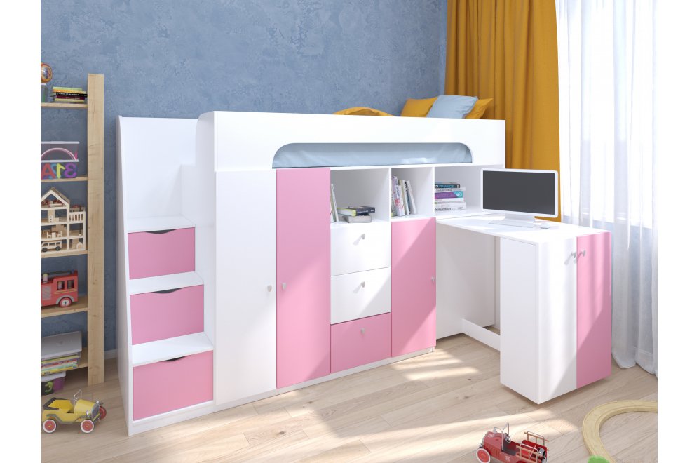 Кровать-чердак Астра 11 белый / розовый