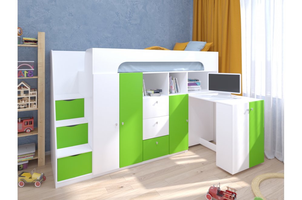 Кровать-чердак Астра 11 белый / салатовый
