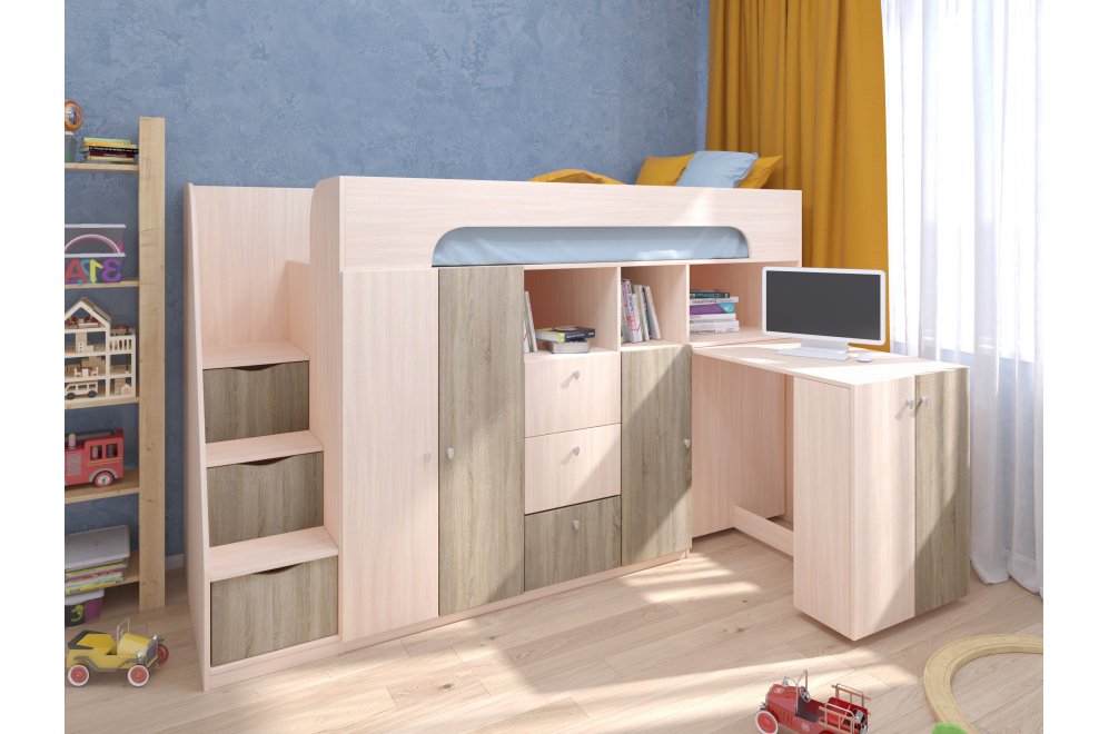 Кровать-чердак Астра 11 дуб молочный / дуб сонома