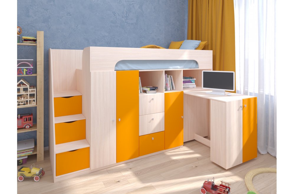 Кровать-чердак Астра 11 дуб молочный / оранжевый
