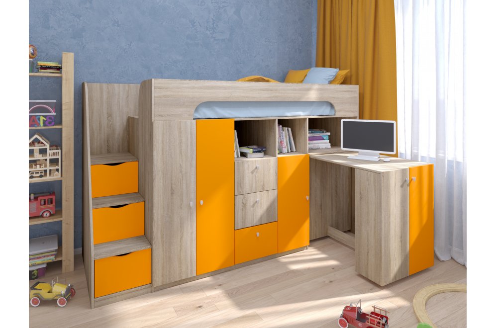 Кровать-чердак Астра 11 дуб сонома / оранжевый