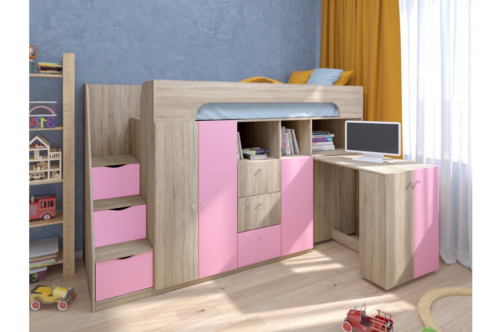Кровать-чердак Астра 11 дуб сонома / розовый