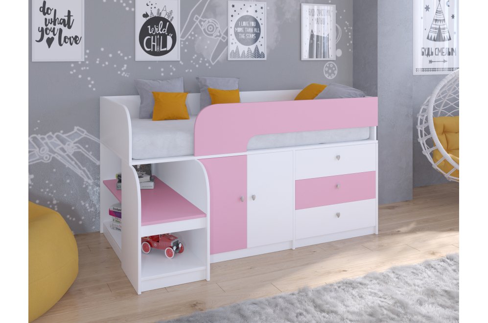 Кровать-чердак Астра 9/1 белый / розовый