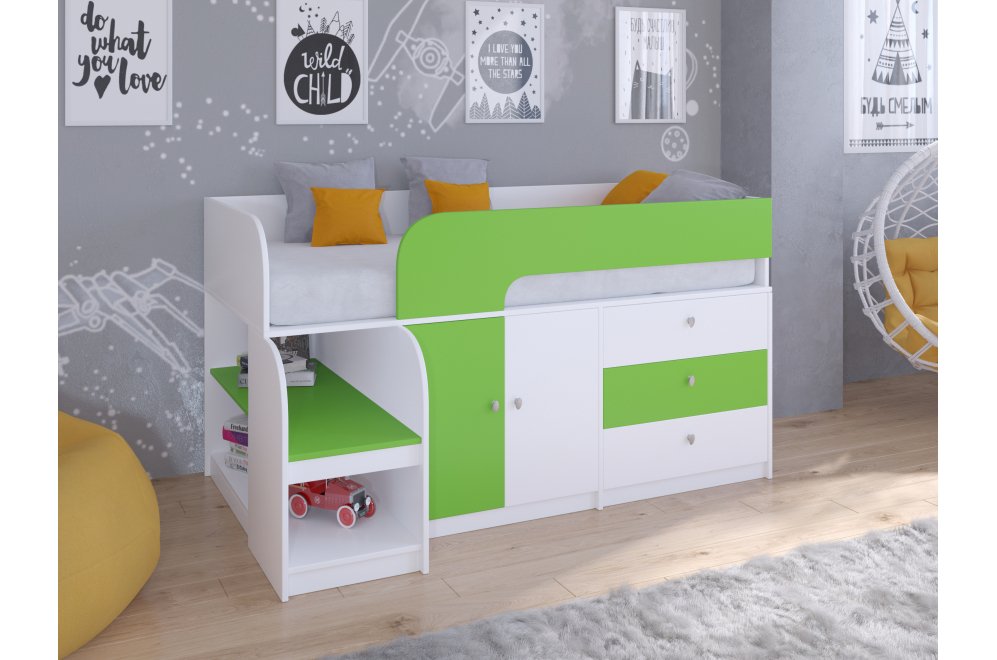 Кровать-чердак Астра 9/1 белый / салатовый