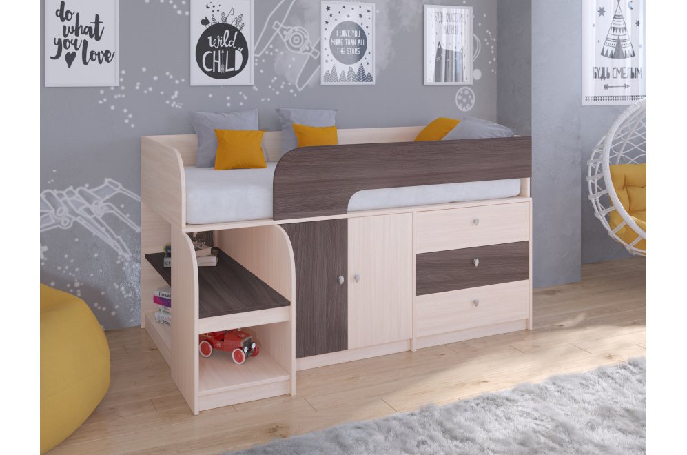 Кровать-чердак Астра 9/1 дуб молочный / дуб шамони