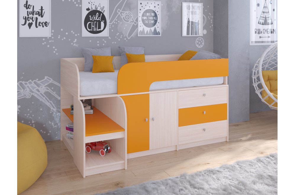 Кровать-чердак Астра 9/1 дуб молочный / оранжевый
