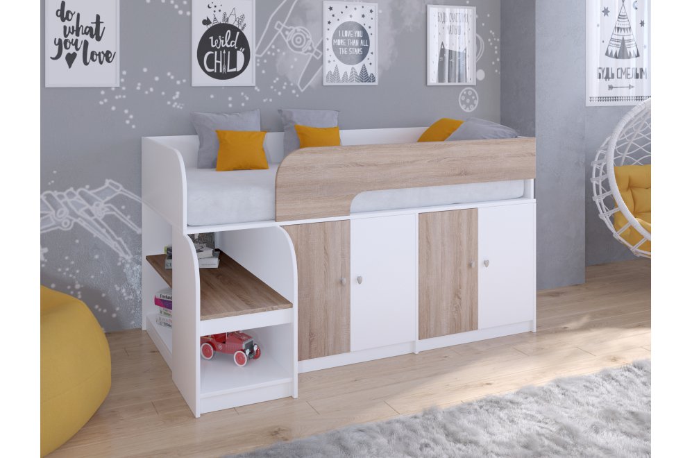 Кровать-чердак Астра 9/2 белый / дуб сонома
