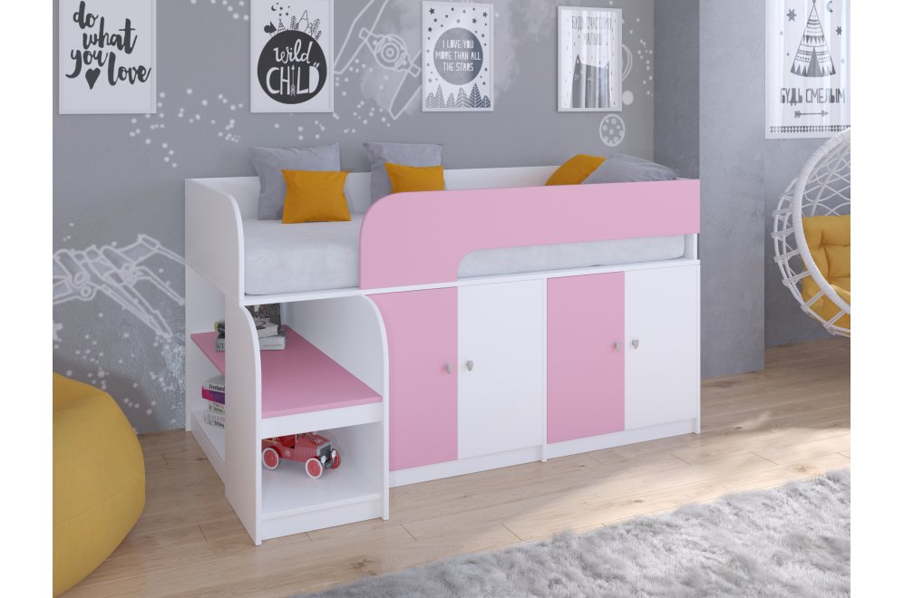 Кровать-чердак Астра 9/2 белый / розовый
