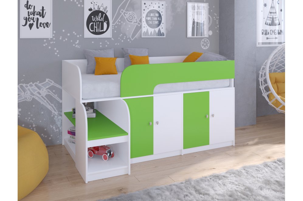 Кровать-чердак Астра 9/2 белый / салатовый