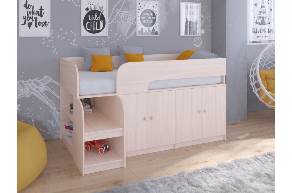 Кровать-чердак Астра 9/2 дуб молочный / дуб молочный