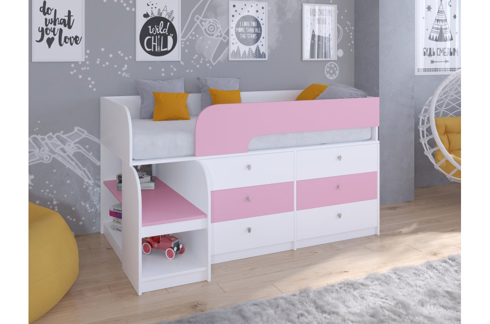 Кровать-чердак Астра 9/3 белый / розовый