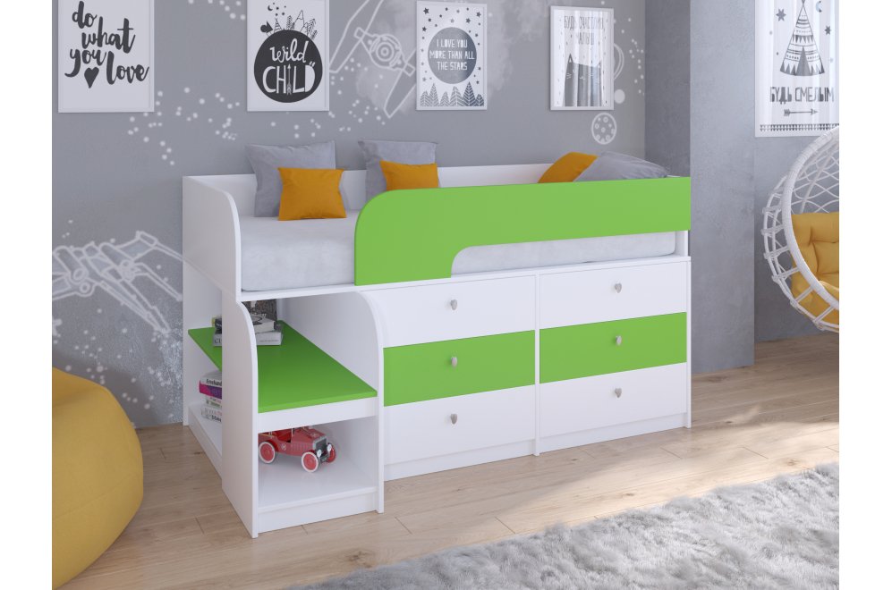 Кровать-чердак Астра 9/3 белый / салатовый