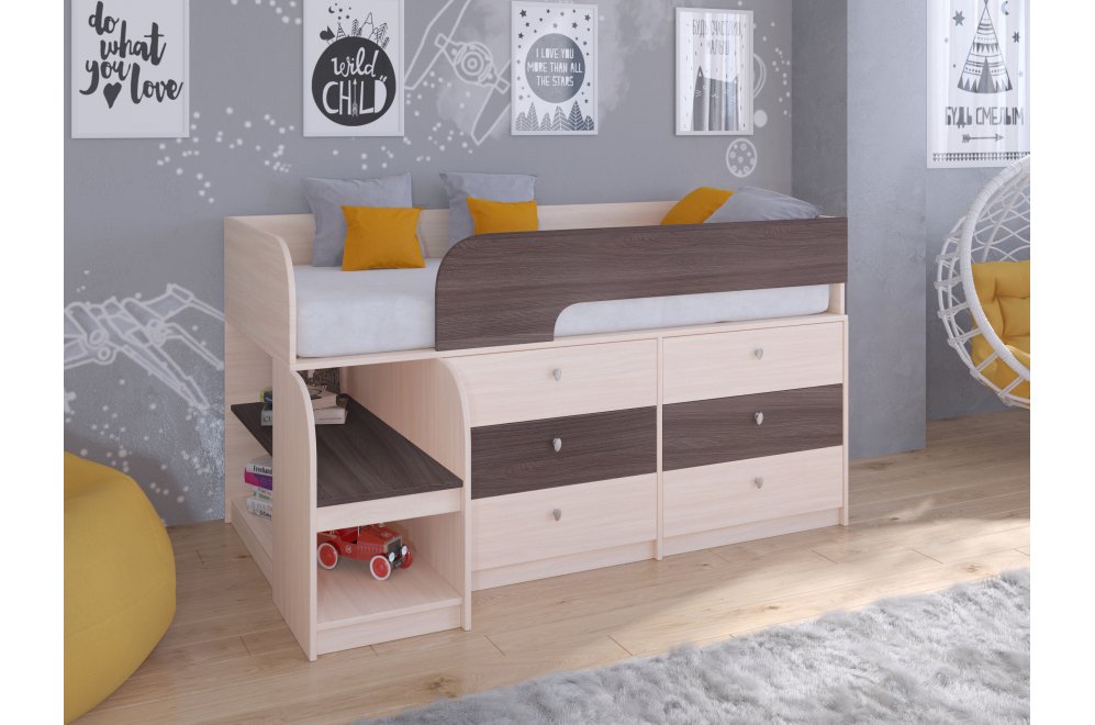 Кровать-чердак Астра 9/3 дуб молочный / дуб шамони