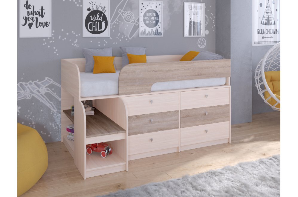 Кровать-чердак Астра 9/3 дуб молочный / дуб сонома
