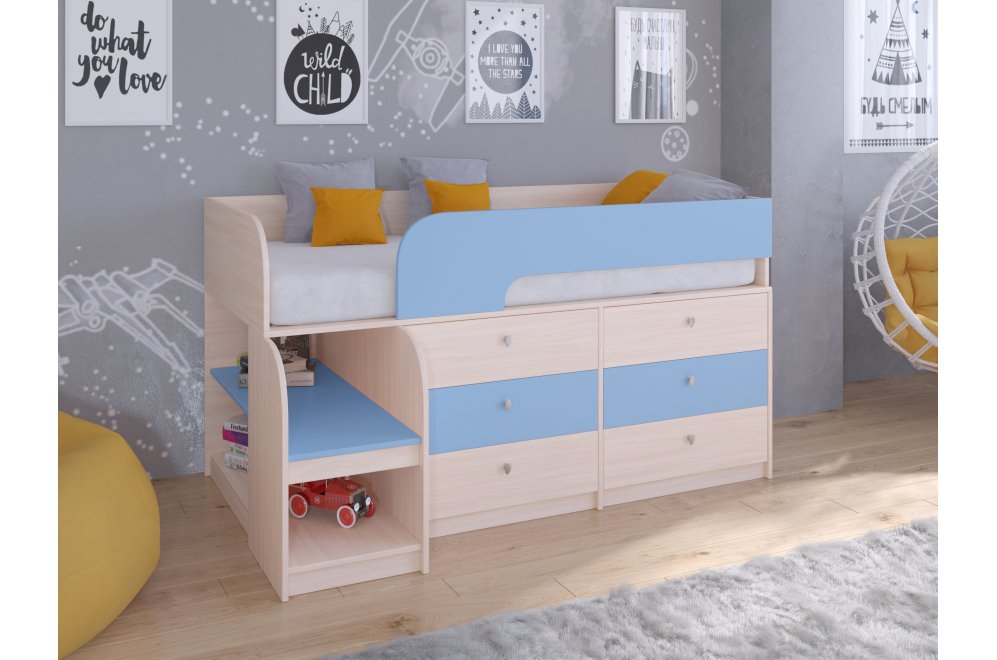 Кровать-чердак Астра 9/3 дуб молочный / голубой