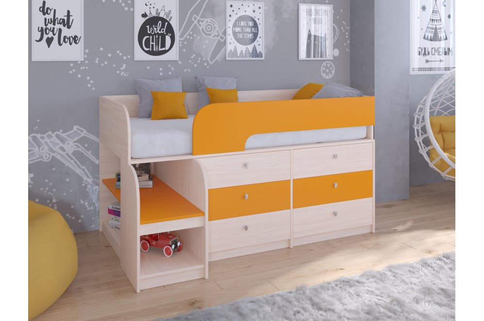 Кровать-чердак Астра 9/3 дуб молочный / оранжевый