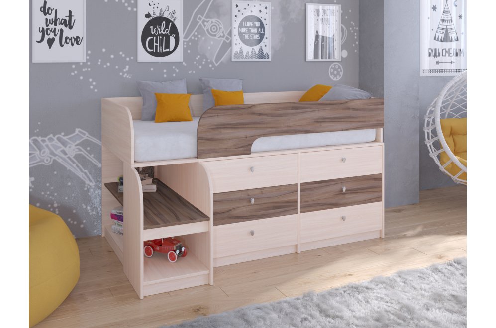 Кровать-чердак Астра 9/3 дуб молочный / орех