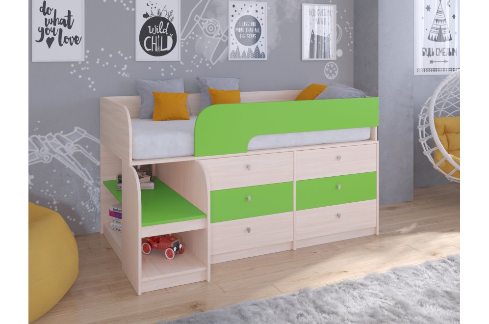 Кровать-чердак Астра 9/3 дуб молочный / салатовый