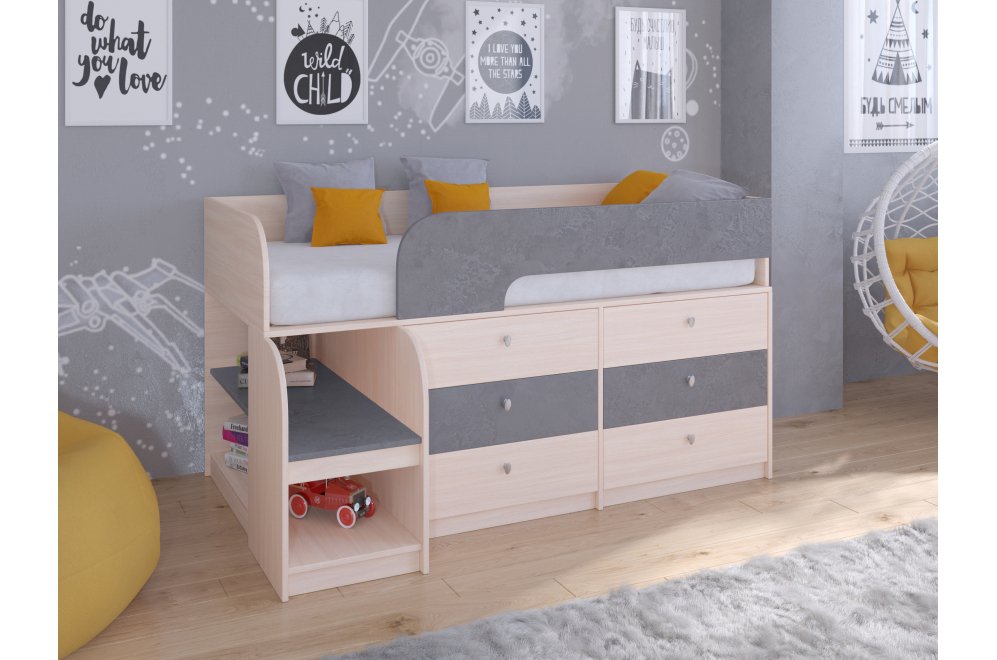 Кровать-чердак Астра 9/3 дуб молочный / железный камень