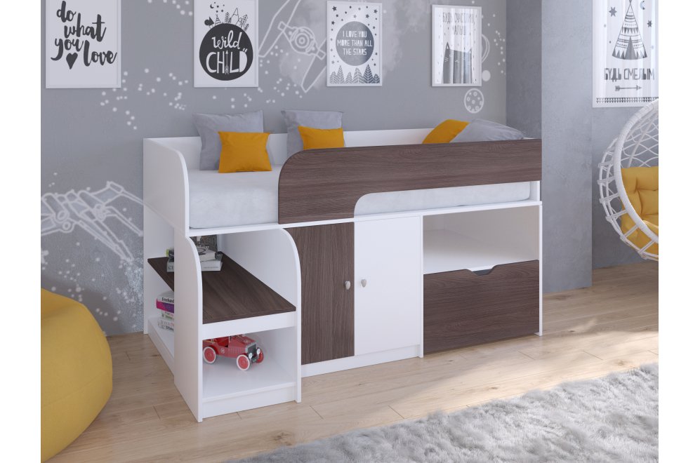 Кровать-чердак Астра 9/4 белый / дуб шамони