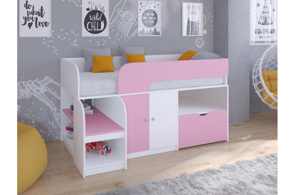 Кровать-чердак Астра 9/4 белый / розовый