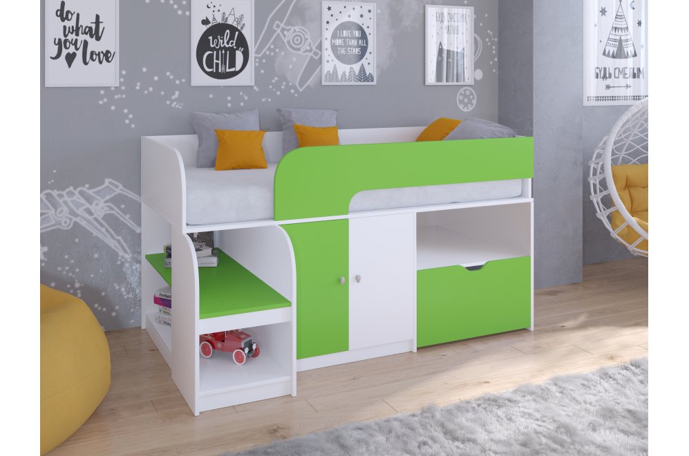 Кровать-чердак Астра 9/4 белый / салатовый