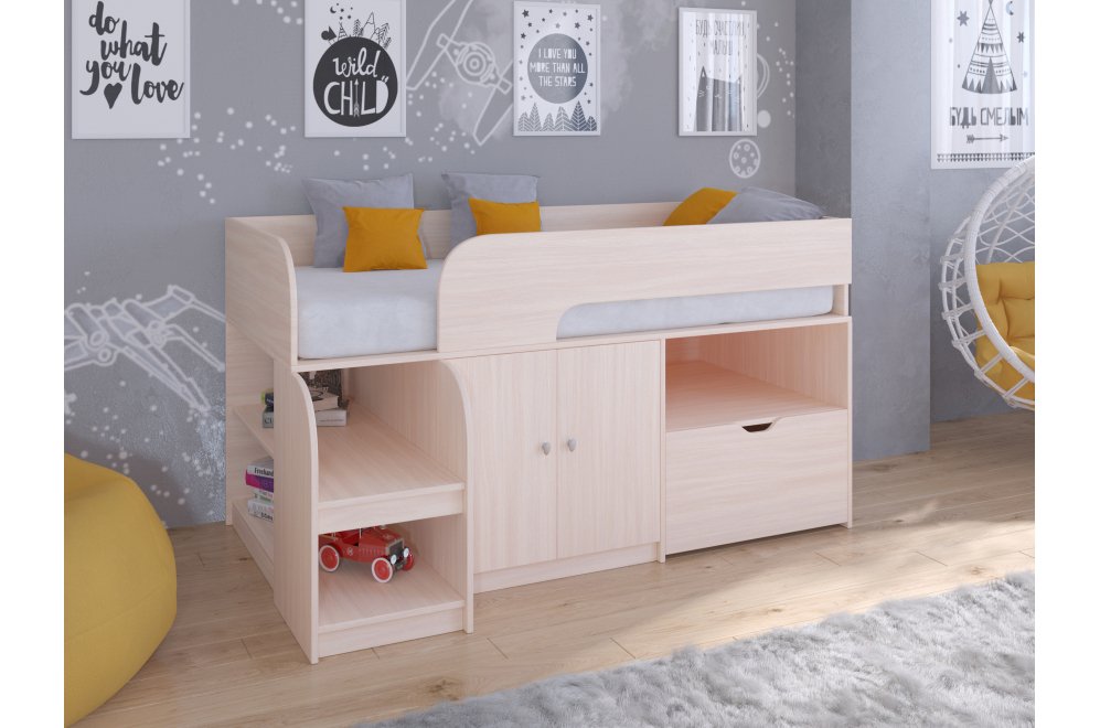 Кровать-чердак Астра 9/4 дуб молочный / дуб молочный