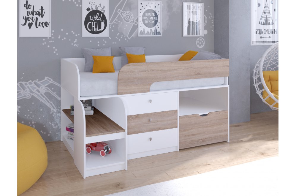 Кровать-чердак Астра 9/5 белый / дуб сонома