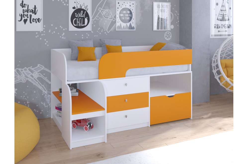 Кровать-чердак Астра 9/5 белый / оранжевый