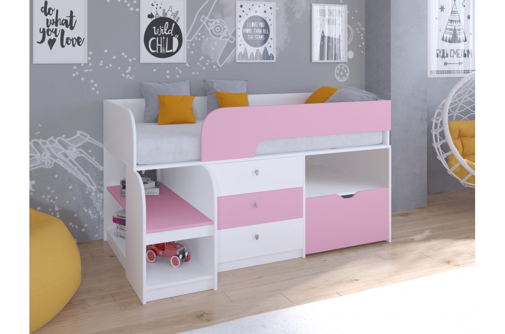 Кровать-чердак Астра 9/5 белый / розовый