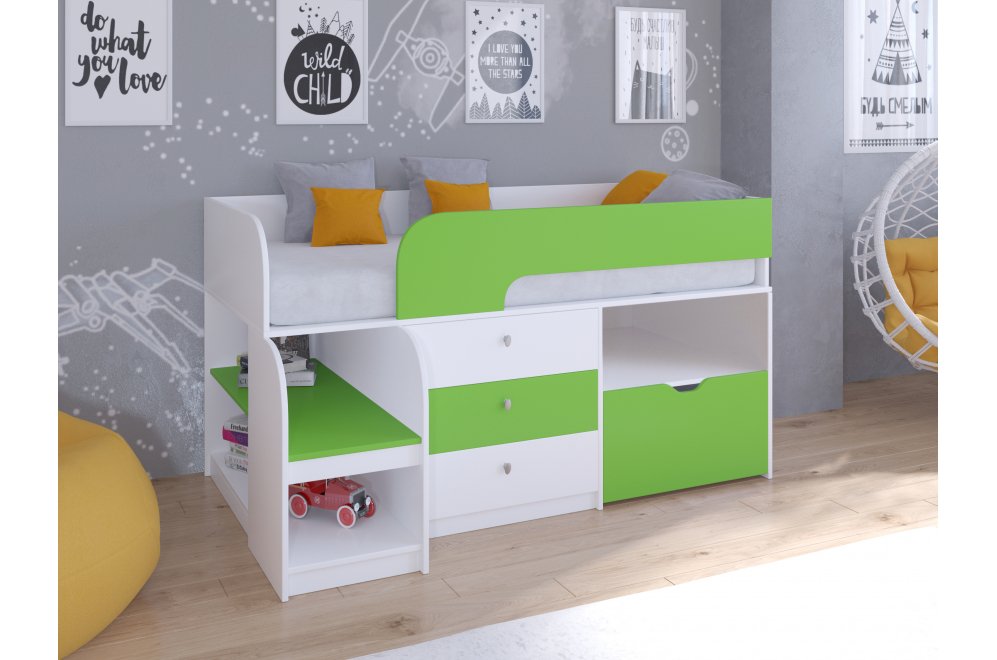 Кровать-чердак Астра 9/5 белый / салатовый
