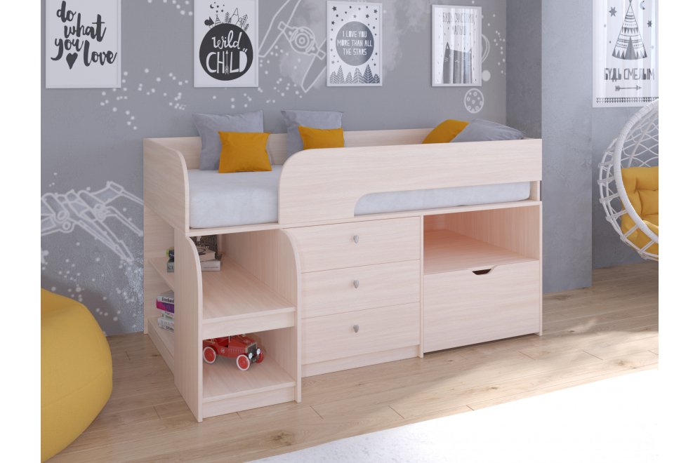 Кровать-чердак Астра 9/5 дуб молочный / дуб молочный