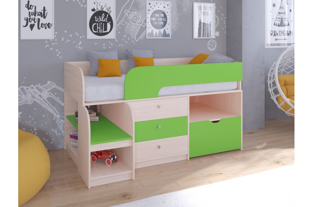 Кровать-чердак Астра 9/5 дуб молочный / салатовый