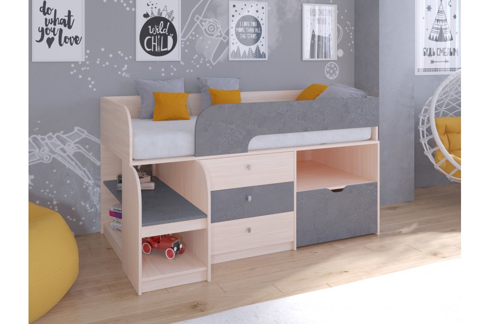 Кровать-чердак Астра 9/5 дуб молочный / железный камень