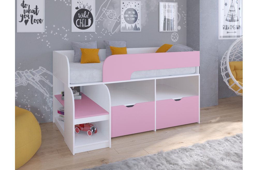 Кровать-чердак Астра 9/6 белый / розовый