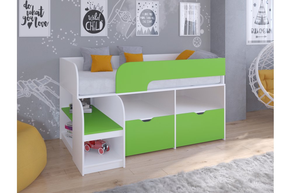 Кровать-чердак Астра 9/6 белый / салатовый