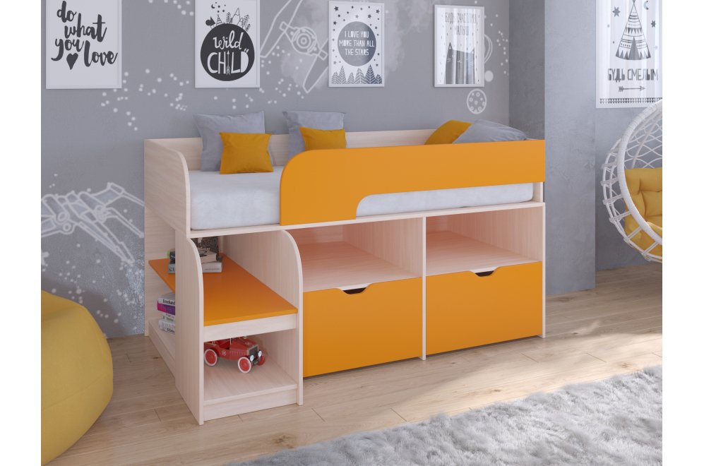Кровать-чердак Астра 9/6 дуб молочный / оранжевый