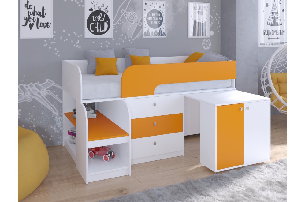 Кровать-чердак Астра 9/7 белый / оранжевый