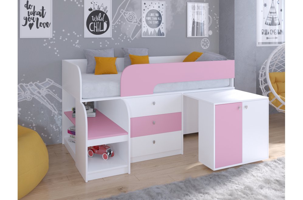 Кровать-чердак Астра 9/7 белый / розовый