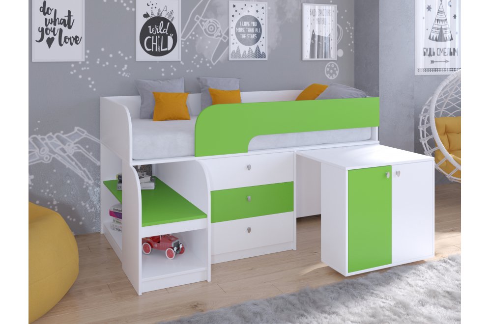 Кровать-чердак Астра 9/7 белый / салатовый