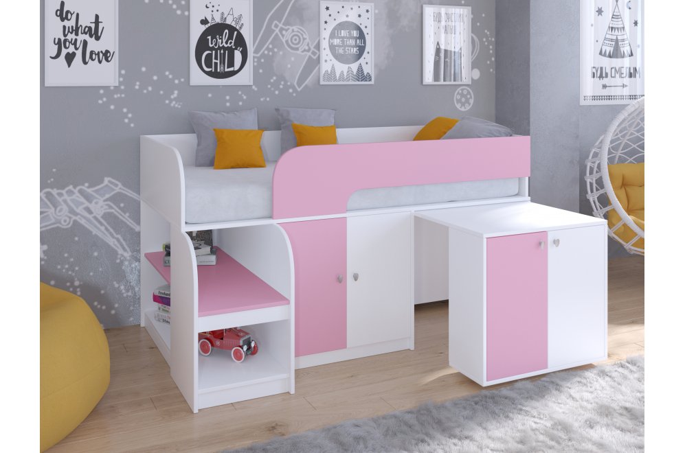 Кровать-чердак Астра 9/8 белый / розовый