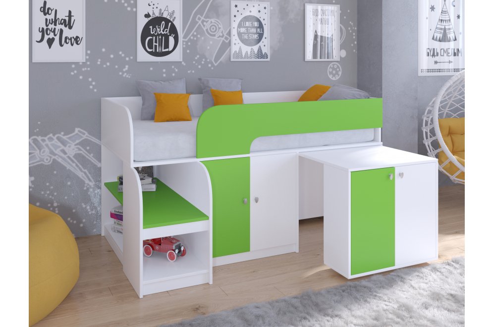 Кровать-чердак Астра 9/8 белый / салатовый