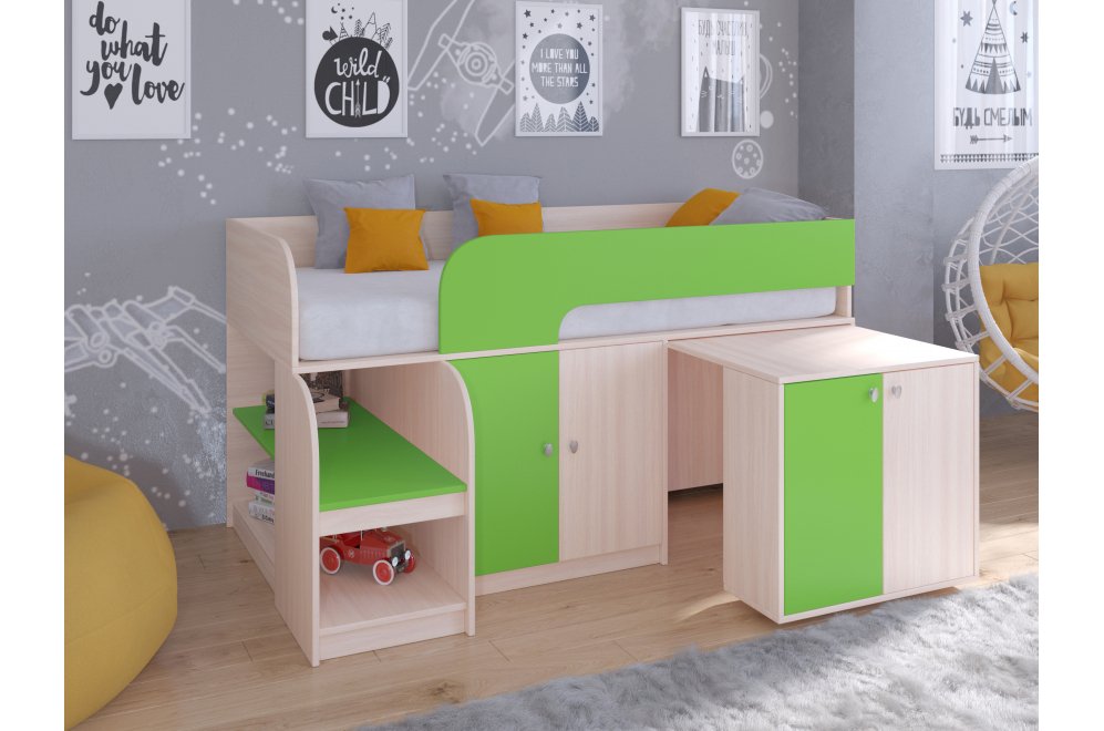Кровать-чердак Астра 9/8 дуб молочный / салатовый